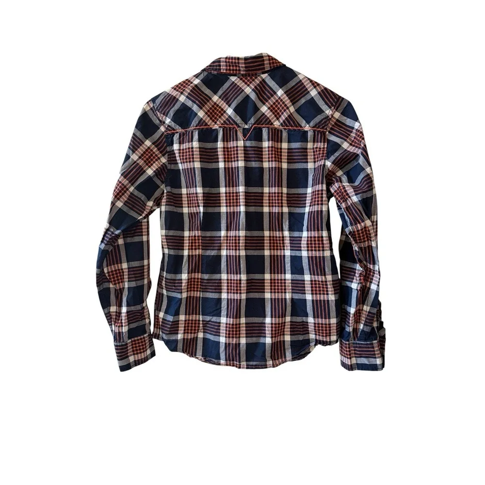Guess Boys Navy Rust Plaid Flannel Shirt‎ M 10-12 Streetwear Prep Logo Patch